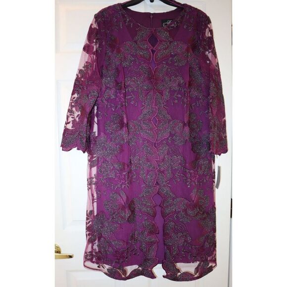Alex Evenings Women Sz 14 Plum Purple Embroidered Sheer Overlay Midi Dress $219 - Picture 1 of 10